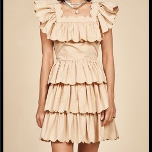 HUNTER BELL Beige Tiered Scallop Mini Dress